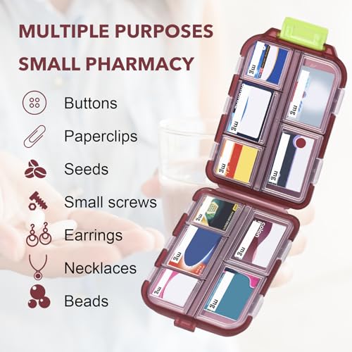 Image of Medicine Pill Organizer with 189 Labels, 10 Compartments Travel Pill Box, Mini Case, Compact Container for Purse (Brown)