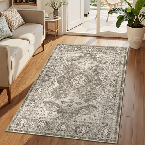 Rugland 4x6 Rug - Stain Resistant Washable Rug, Anti Slip Backing Rugs for Living Room, Vintage Tribal Area Rugs (TPR07-Ivory, 4'x6')
