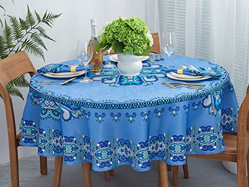 Yihomer Mykonos Blue Paisley Tile Bordered Tablecloth - Wrinkle Free Table Cloth For Spring Summer Decorations, Picnics And Parties - Indoor Outdoor, Stain And Water Resistant, 70 Inch Round #TOP1