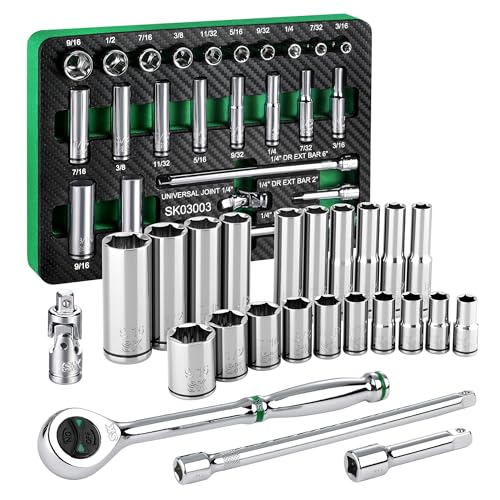 SK 1/4' Drive Socket Set with 160-P Ratchet, 24-Piece, SAE, SuperKrome Finish, Premium CR-V Construction, with EVA Foam Tool Organizer