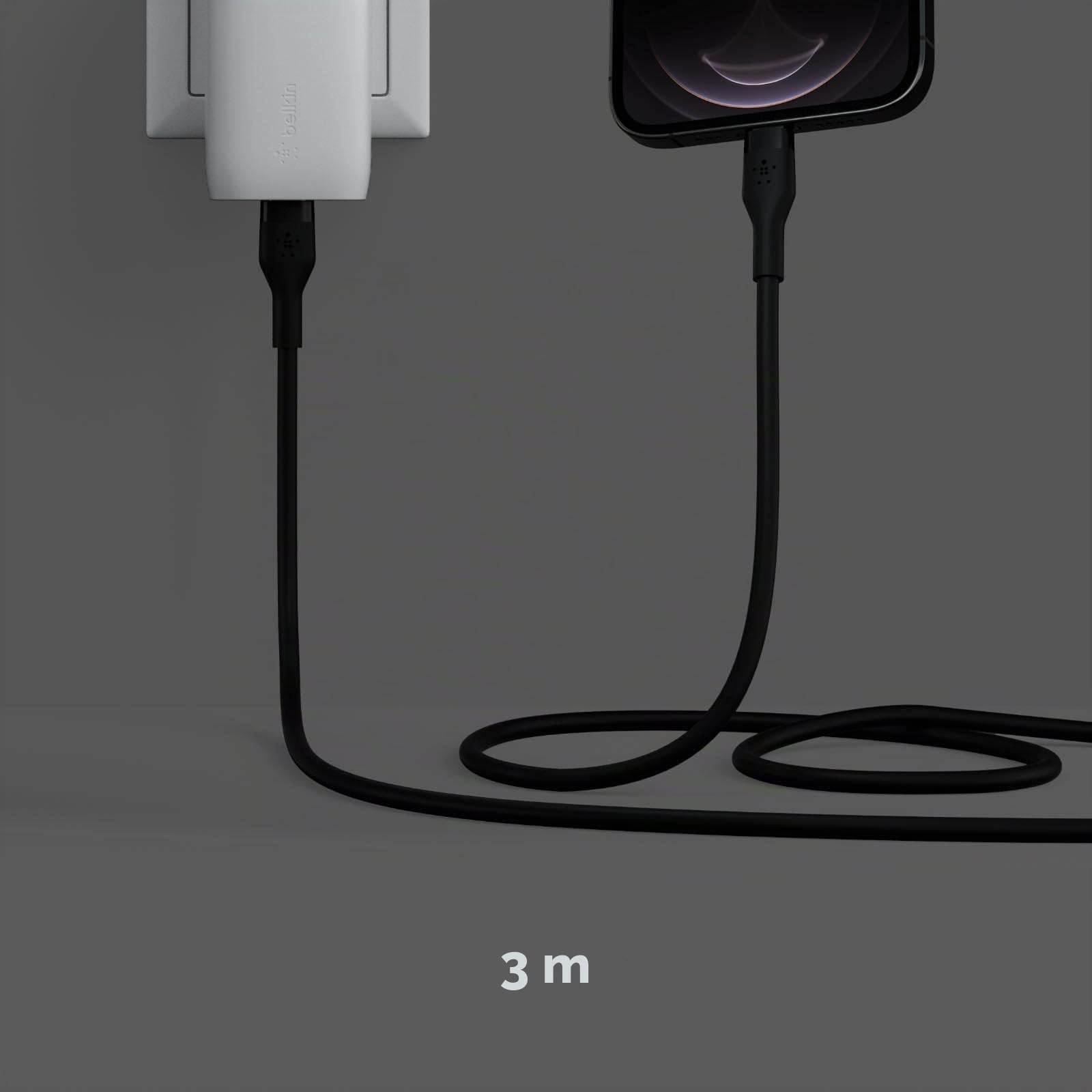 Belkin Câble USB-C vers Lightning BoostCharge Flex en silicone (3 m), certifié MFi (20 W), recharge Power Delivery pour iPhone 14/14 Plus, 13, 12, Pro, Max, mini, SE, iPad, etc. (noir)
