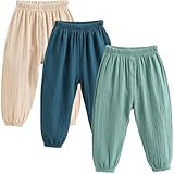 3 Stück Musselin Hose Kinder Mädchen Jungen Sommer Einfarbig Leinenhose Baumwolle Lange Hosen dünn Pumphose Haremshose Jogginghose Lässige Hose Strandhosen (A0a2, 3-4 Years)