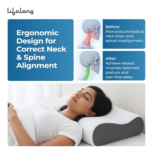 Image of Lifelong Memory Foam Cervical Pillow for Neck Support | Orthopedic Contour Foam Pillow for Neck Pain with Breathable Cover | Fits Side & Back Sleepers | Pain Relief for Adults | Comfortable Bed Pillow