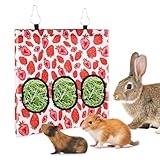Jeffdad Rabbit Hay Feeder, Hanging Hay Feeder Guinea Pig Hay Bag Rabbit Feeder Storage Bag, for Rabbits Chinchillas Hamsters Rats and Other Small Pets (2 Holes Strawberry)