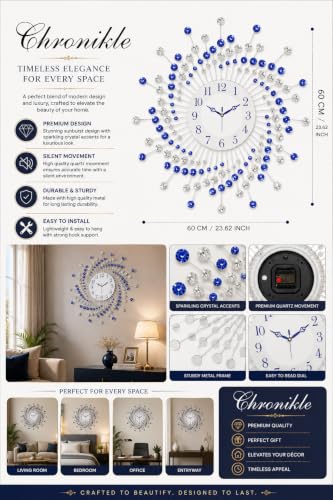 Image of CHRONIKLE Beautiful Crystal Analog Floral Design Round Diamond Studded Metal Wall Clock for Living Room Home Decor Office Gifts (Size: 60 x 5 x 60 CM | Color: Blue & White | Weight: 1460 Gram)