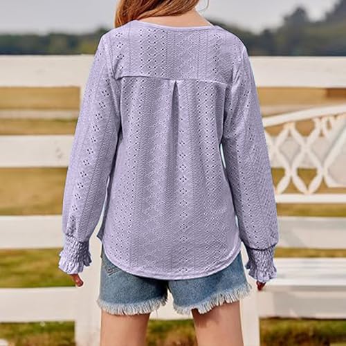 Girls Stylish Eyelet Embroidery Long Sleeve Shirts Teen Girls Dressy Casual Blouse Tunic Cute Vacation Tops Crewneck3