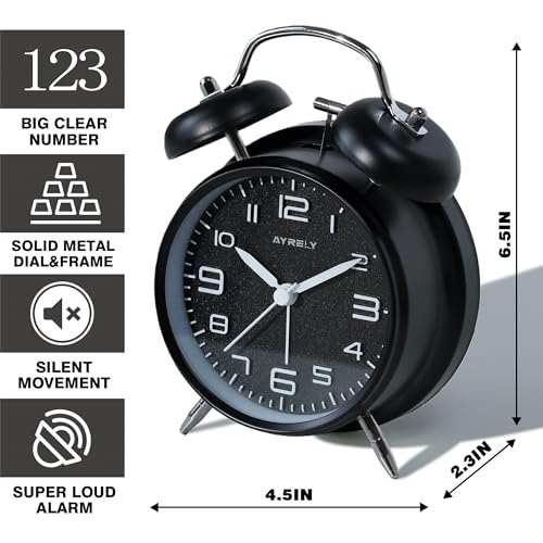 Image of AYRELY Super Loud Alarm Clock for Heavy Sleepers Adults,Twin Bell Retro 4 Inch Silent Non-Ticking Quartz with Backlight, Metal dial, Alarm Clocks for Bedrooms Bedside(3D Dial - Black)