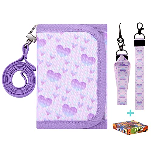 Choco Mocha Heart Kids Wallets for Girls Ages 5-7 6-8 9-12, Little Girls Velcro Wallets with Lanyard Gift Box, Christmas Gift for Kids Girls, Pink Purple