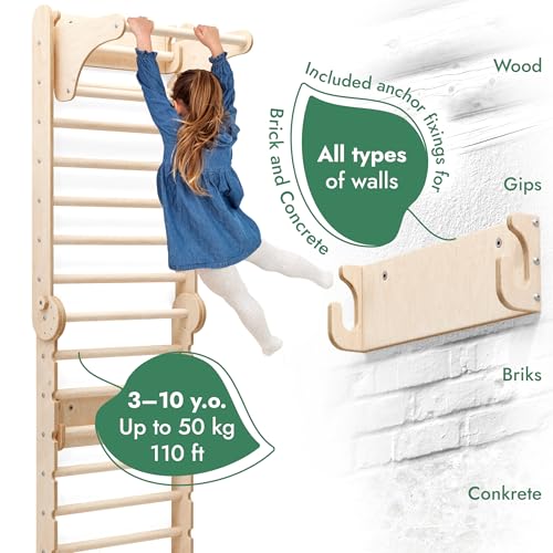 Image of 6-in-1 Indoor Playground for Kids - Wooden Swedish Wall, Climbing Ladder, Slide, Swing, Gymnastics Rings, Rock Climbing Wall - Jungle Gym Play Set for Ages 2-12
