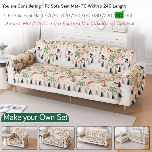 Image of HOKIPO Printed Holland Velvet Sofa Cover with Tassel for 1 /2 /3 Seater & L Shape Sofa | Make Your Own Set, 'Whispers of Nature' Sofa Mat, 70(W) x 240(L) cm, Beige Woodland Bloom (IN-1124-D4)