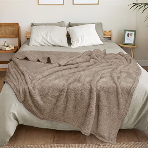 Pavilia Plush Sherpa Throw Blanket For Couch Sofa | Soft Fluffy Shaggy Fleece Blanket | Fuzzy, Cozy, Warm Microfiber Throw Solid Blanket, Taupe Tan Beige, 60X80, Twin Bed #TOP5