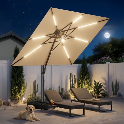 HOMSHADE 10 x 13 ft Rectangular Cantilever Patio Umbrella with Solar Light, Large Umbrella Outdoor Patio with Base Included&360°Rotation, LED Lighted Offset Umbrellas w/Double Top for Pool Deck, Beige