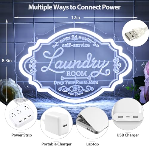 Image of The Laundry Room Neon Sign, USB Powered Laundry Room LED Neon Light, Dimmable Light Up Laundry Sign Acrylic Wall Decor Hanging Door For Home Business Laundry room, Bathroom, Farmhouse Decoration