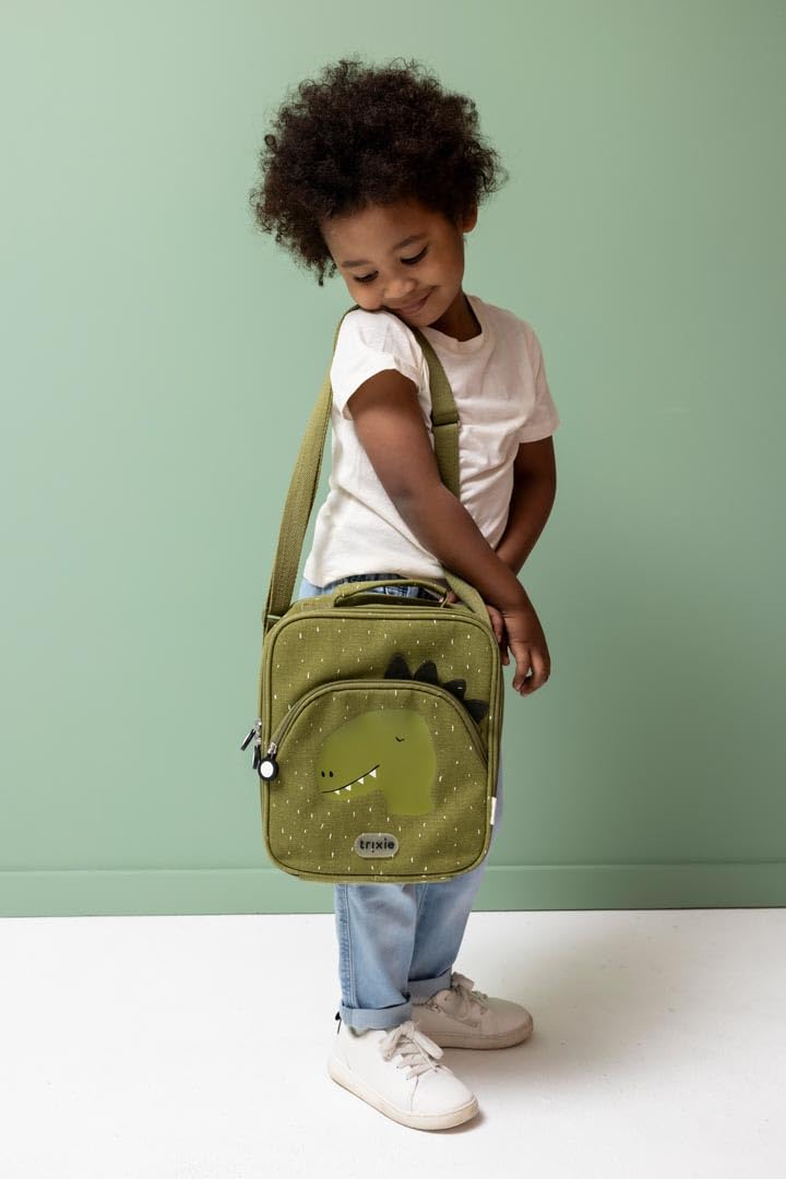 Trixie Sac à pain isotherme avec bandoulière, poche avant avec fermeture éclair, étiquette nominative, pour enfants à l'école, à la maternelle et à la crèche (Mr Dino)