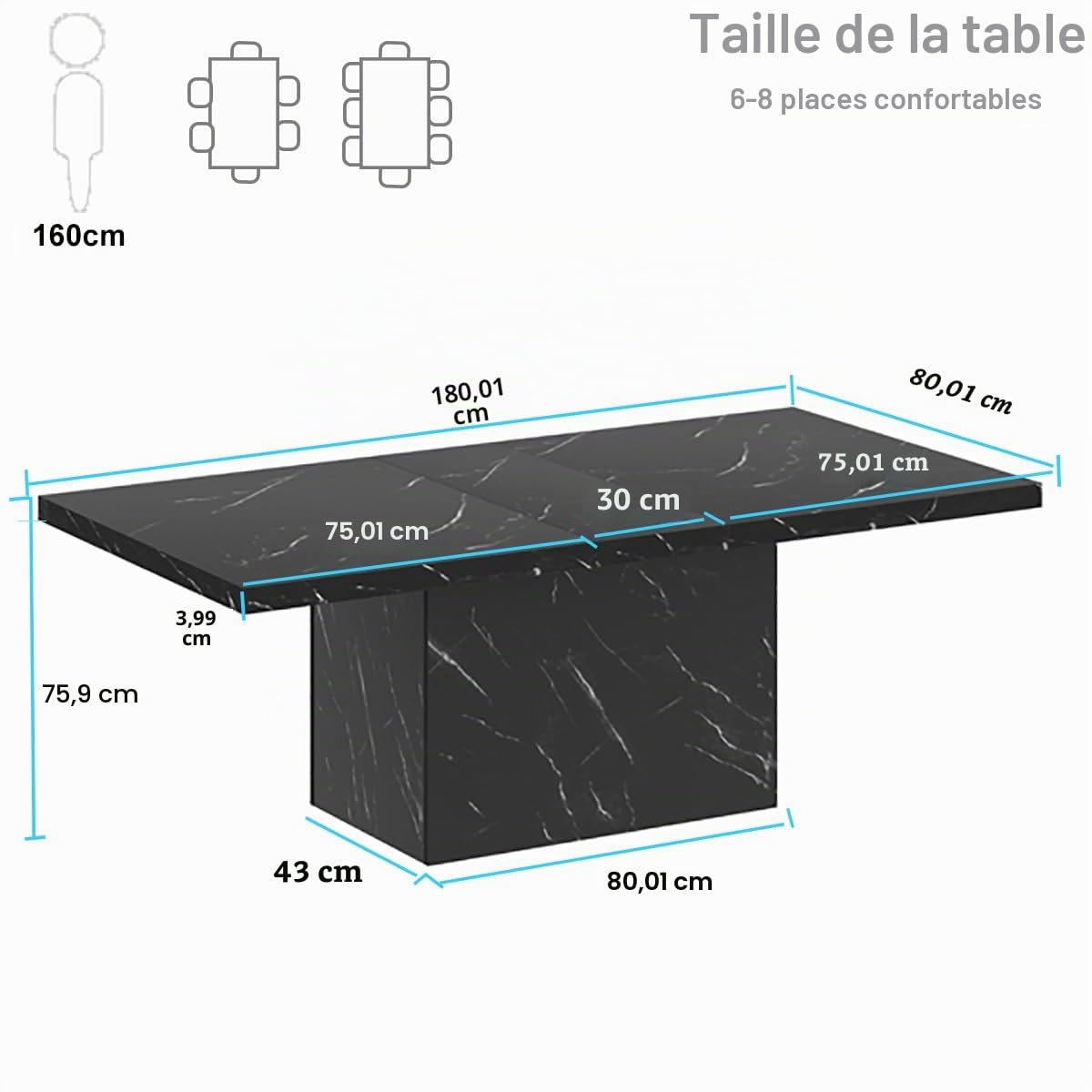 HSH Table de Salle à Manger Rectangle Table de Cuisine pour 6 à 8 Personnes Table Grand en Bois Design Industriel pour la Maison et Le Bureau Marbre Noir 180 cm