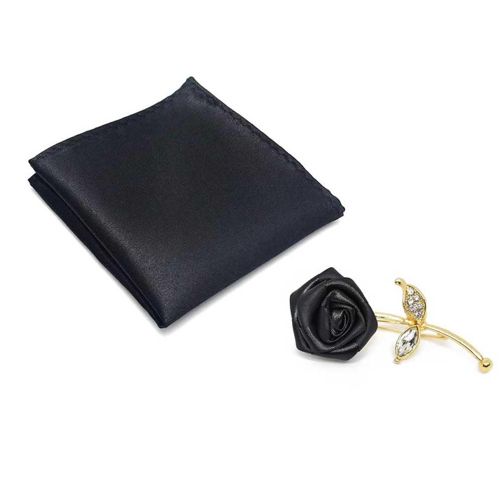 sa style along Style Along Black Premium Mens Solid Micro Fiber Silk Satin Pocket Square And Handmade Polyester Black Rose Golden Leaf Lapel Men Brooch-picture-10