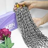 KRN Gray Human Hair Bundles Deep Curly 100g Grey Braiding Hair for Boho Braids 12A Salt And Pepper Wet and Wavy Bundles 16Inch