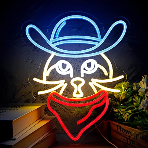 Image of Cowboy Scarf Cat Neon Sign, LED Lights for Wall Decor, Bedroom Art, Lover Gifts, Night Light Custom USB Powered for Party, Man Cave, Gift for Kids Girl Boy (15.1*12.5)