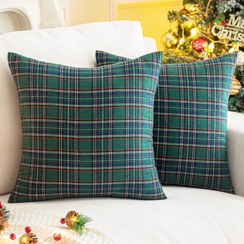 Image of AQOTHES Christmas Plaid Decorative Throw Pillow Covers Green Blue 22x22