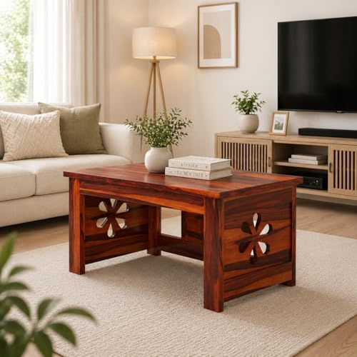 Image of Sheesham Wooden Coffee Table for Home, Living Room Furniture | Solid Wooden Center Table for Living Room, Meeting Room Sofa Side Table Center Tea Table, Flower- Honey Finish