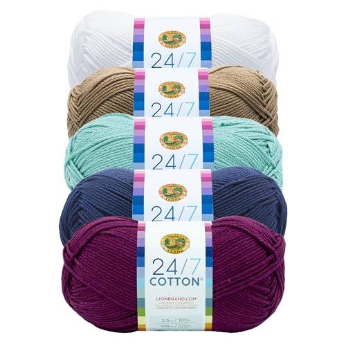 Image of Lion Brand Yarn, 24 /7 Cotton Mercerized Lightweight Yarn for Knitting, Crochet, and Crafts, Beatnik, 5 Pack, Multicolor Pack of Natural Fiber for Breathable Tops, Durable Bags, and Dish Cloths