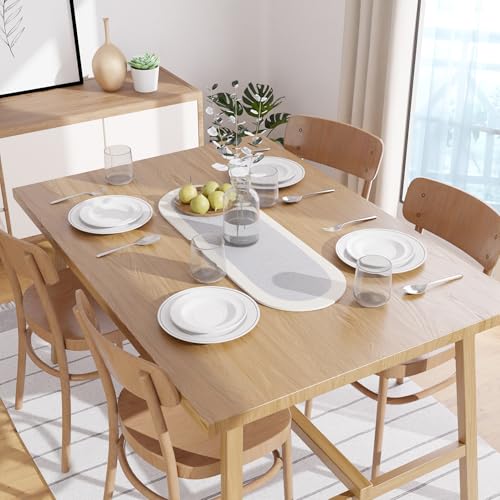 Image of Encasa XO Table Runner for 4 Seater | Handmade Ribbed Style Cotton | 30x91 cm | Light Grey & Off White | for Dining & Center Table