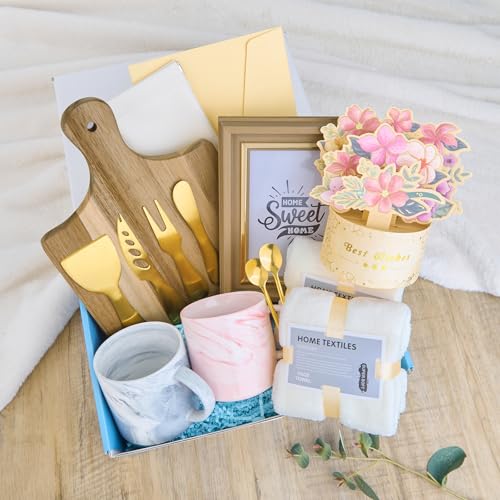 15Pcs Luxury Housewarming Gift Basket, Complete Welcome New Home Gift Set Acacia Cutting Board, Marble Mugs, Gold Cheese Knives, Photo Frame, 3D Card, Unique Closing Gift for Couple First Apartment - Image 5