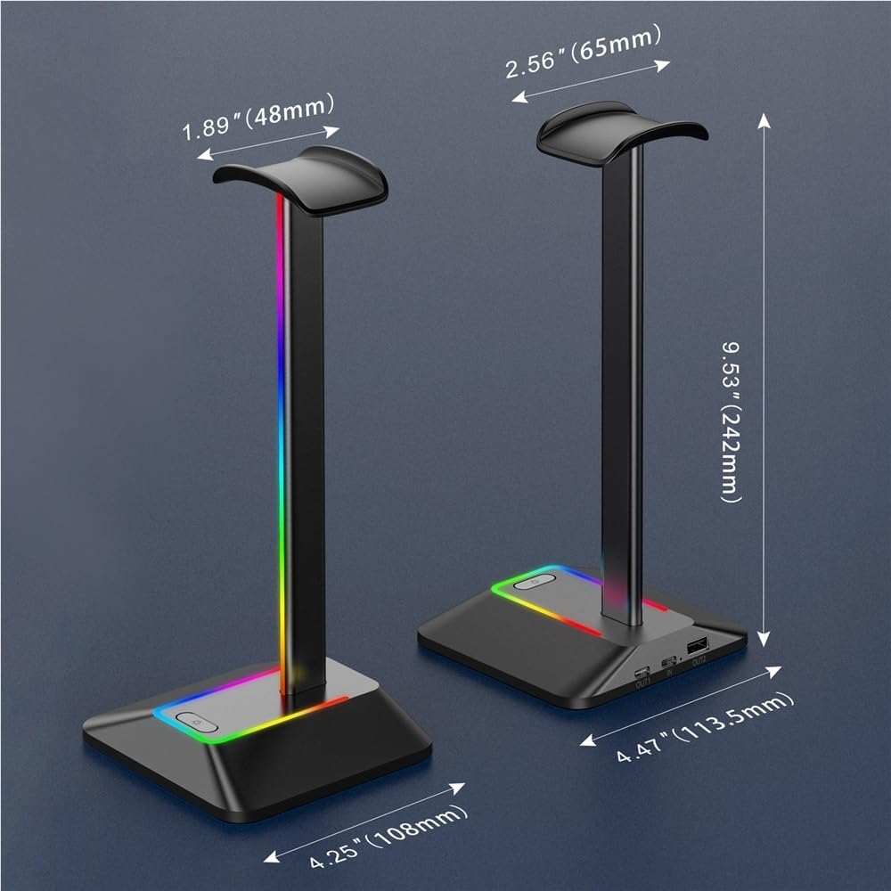 Supporto per cuffie RGB con 2 porte USB, da scrivania, per gaming, con base in gomma antiscivolo, per giocatori (argento)