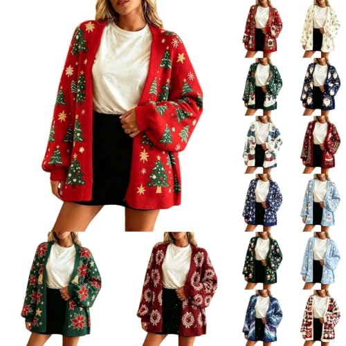 Christmas Sweaters Cardigan Women Cute Santa Snowman Open Front Sweatshirt | Snowflake,Holiday,Reindeer,Coats, Open Front Outerwear, Lantern Sleeve,Lightweight Jacket, Pockets, Trendy Fall Outfits - image 1