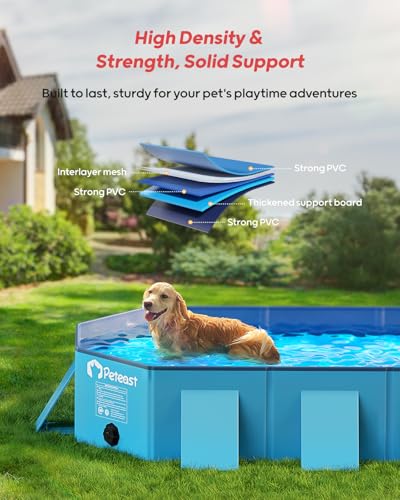 Image of Peteast Dog Pool for Large Dogs, Foldable Hard Plastic, 82 x 46 x 12 in | Extra Large Collapsible Pet Bath Tub with Non-Slip Base for Indoor, Outdoor and Backyard Use, Blue