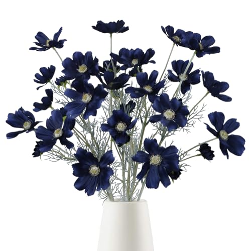 6PCS Navy Blue Silk Cosmos Flowers 24 Wild Flowers Artificial Fake Flowers Arrangement for Wedding Party Kitchens Home Decoration(Navy Blue)