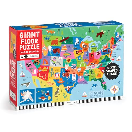 Mudpuppy Map of The U.S.A – 50 Piece Giant Floor Jigsaw Puzzle Featuring A Colorful Map of States with Capital Cities and Fun Cultural Icons