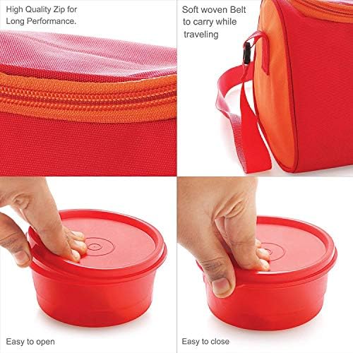 Image of CELLO MF Plastic Sling Lunch Box | Leather Carry Pouch | Office | School | Set of 5 Containers, Orange, 250 Milliliter
