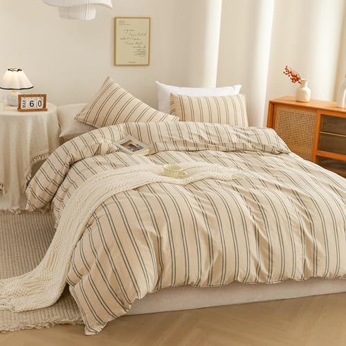 Image of ECOCOTT Duvet Cover Oversized King Size - Linen Feel Organic Natural 100% Washed Cotton, Soft Breathable & Durable Bedding Set, Comfy Stripe Design for All Seasons