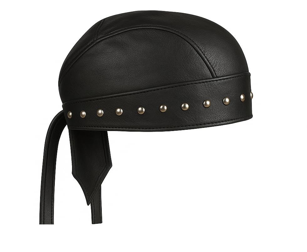 Sheep Leather Skull caps in Black Sweat Head Wraps Studded Skull Cap Bandana Style in Real Do Du Rag Leather Doo Rag Motorcycle Biker Cap Black ICE Club Shop