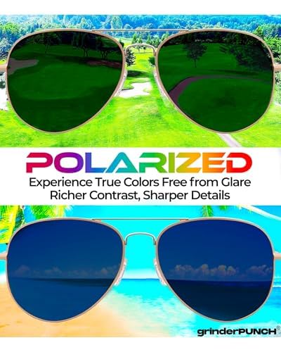Image of grinderPUNCH Polarized Aviator Sunglasses Men Women 70s Retro Costume UV400 | Polarized UV400 Aviator, 70s Retro Gold Metal Frame, Classic Pilot Style, Costume and Fashion, for Men and Women