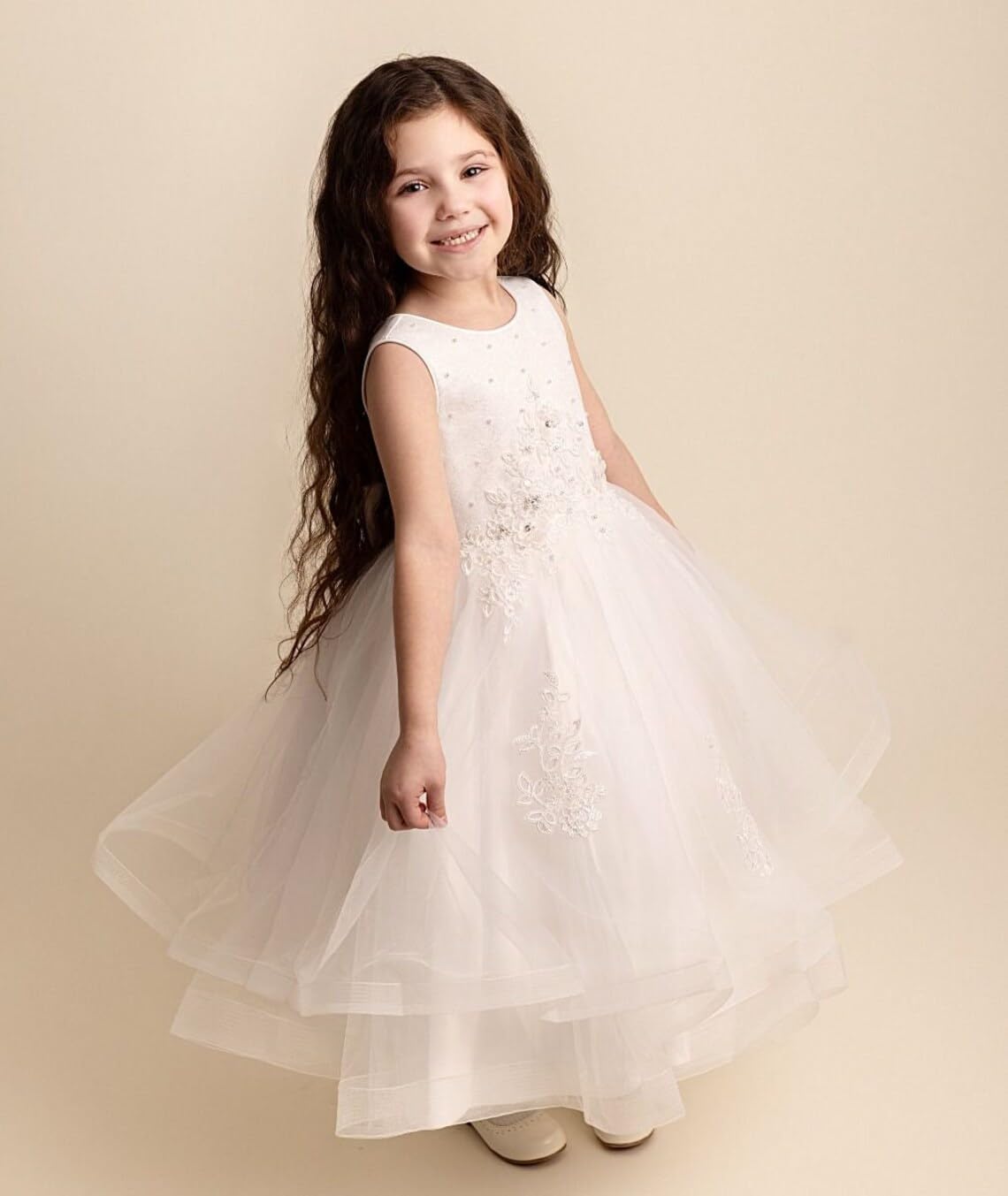 SIRRI Elegante Vestito da Ragazza Avorio con Ricami Floreali - Perfetto per Occasioni Speciali