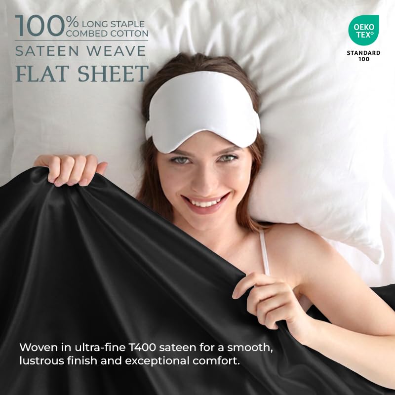 Image of Royale Linen 400 Thread Count 100% Cotton Flat Sheets Only - Cooling Sheets - Full Flat Sheets Only Sold Separately - Luxury Sateen Weave - Breathable & Super Soft Top Sheet Only (Full, Night Black)