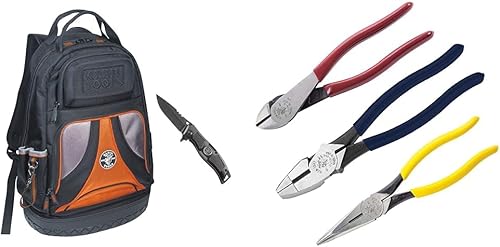 Klein Tools Kit de mochila y alicates con mochila Tradesman Pro de 39 bolsillos, navaja de bolsillo para electricistas y juego de alicates de 3