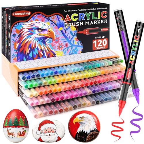 Funnasting Rotuladores Acrilicos, 120 Colores Acrylic Markers Con Punta de Pincel Suave, Marcadores Acrílicos Líquido Directo Para Colorear, Roca, Vidrio, Cerámica, Bricolaje, Nateriales Artísticos.