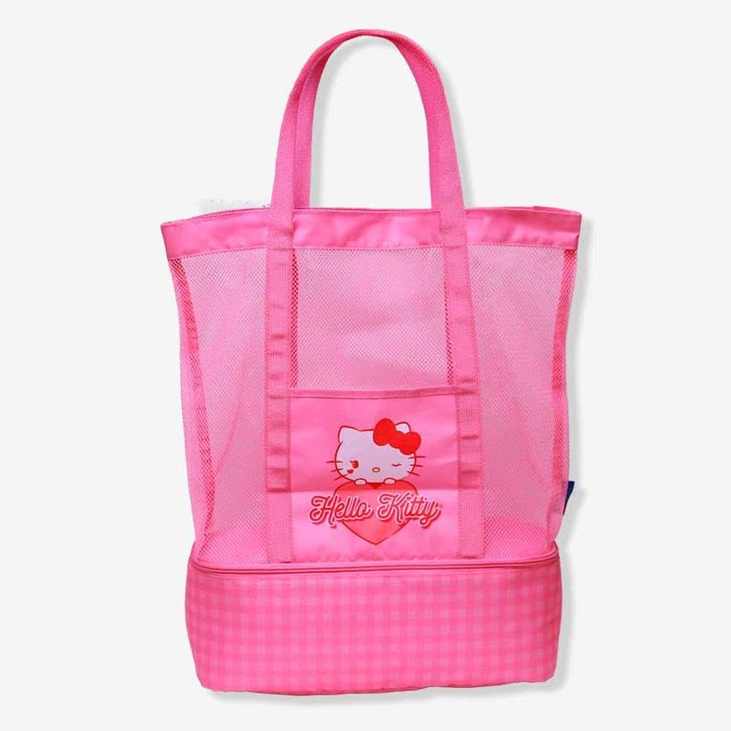 Hello Kitty Bolsa T?rmica de Praia com Rede, Rosa, Compartimento Duplo, Design Xadrez