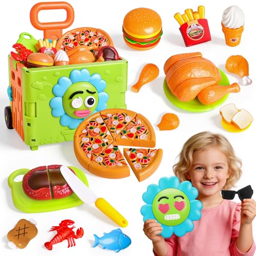 Toy Shopping Cart for Kids -45PCS 3-in-1 Toddler Shopping Cart with Pretend Play Cutting Food and DIY Emotion Learning Toys for Toddler Boys &Girls 3 4 5 6+Years Old Birthday Gift