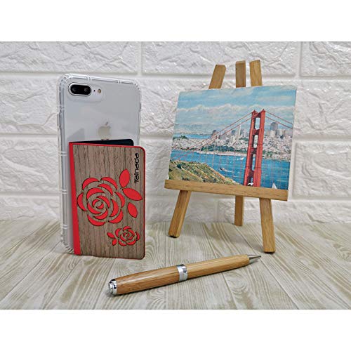 Image of Tainada Stick On Flip Phone Wallet with Phone Detachable Neck Lanyard & Built-in Stand, Adhesive Cash Credit Card Holder with Wooden Laser Engraved Design + One Cord Wrapper (Rose Red)