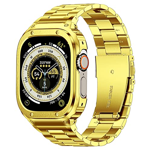 Image of Stainless Steel Band and Case Compatible with Apple Watch Band 49mm | Men Metal Protective Bumper Cover with Straps for iWatch 49mm Series Ultra 3, Ultra 2, Ultra, Gold