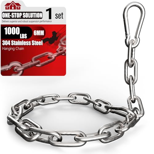sprookber 1000LB Heavy Duty Hanging Swing Chain 6mm Thick 304 Stainless Steel Hanging Chain with 2 Carabiners 25 Hardware Kit for Hammock Hanging Chair Punching Bags Tree Indoor & Outdoor