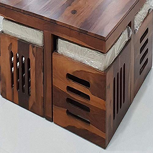 Image of Mamta Decoration Sheesham Wood Coffee Table for Living Room with 4 Stools | Center Table (Off White Cushion)