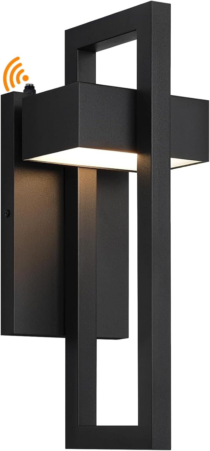 AKEZON Dusk to Dawn LED Outdoor Wall Lights, 1000LM 3000K Modern Black Integrated Exterior Sconce, Replaceable LED Wall Mount Fixture for Front Door Porch Garage Patio, 12W