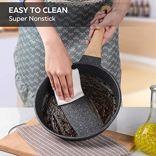 YIIFEEO Nonstick Frying Pan with Lid, Marble Stone Nonstick Pan with Soft Touch Handle, Induction Compatible(9.5inch)