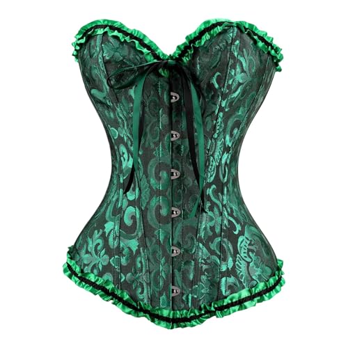 JoyPeak Halloween Satin Lace‑Up Overbust Corset Bustier Lingerie Top (UK, Alpha, 4XL, Regular, Regular, Black Green)
