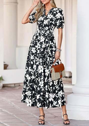 Image of PRETTYGARDEN Women's Summer Boho Floral Maxi Dresses | Bohemian Flower, Short Sleeve V Neck, Fit and Flare, A Line, Flowy Tiered, Belt Pocket, Wedding Guest, Beach Vacation Outfits